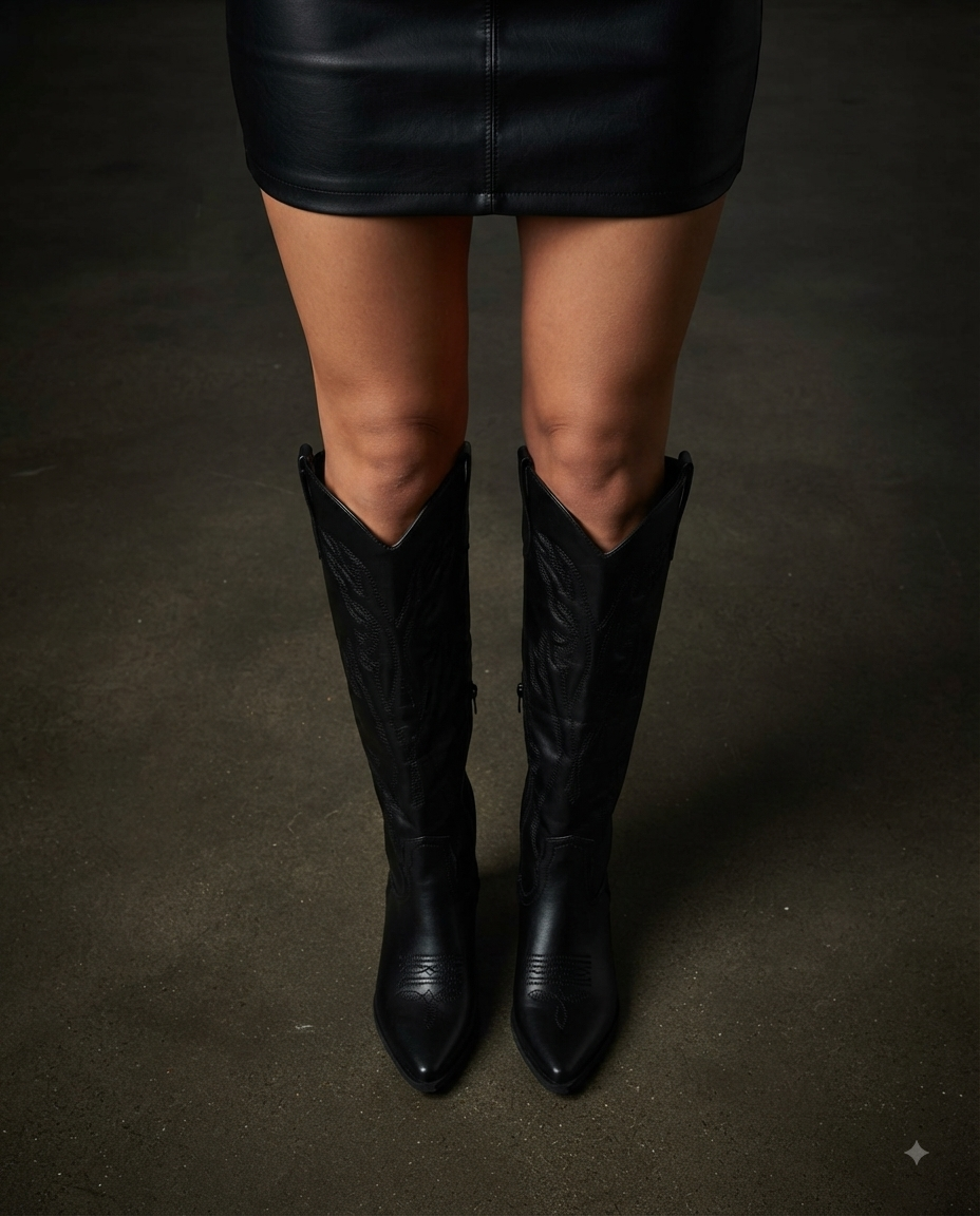 Knielange Stiefel im schwarzen Western-/Cowgirl-Vintage-Stil