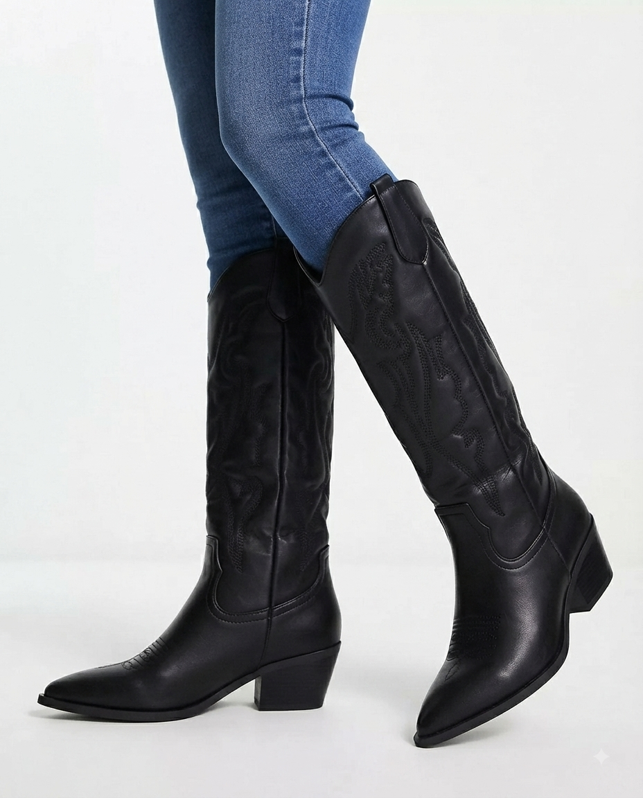 Knielange Stiefel im schwarzen Western-/Cowgirl-Vintage-Stil
