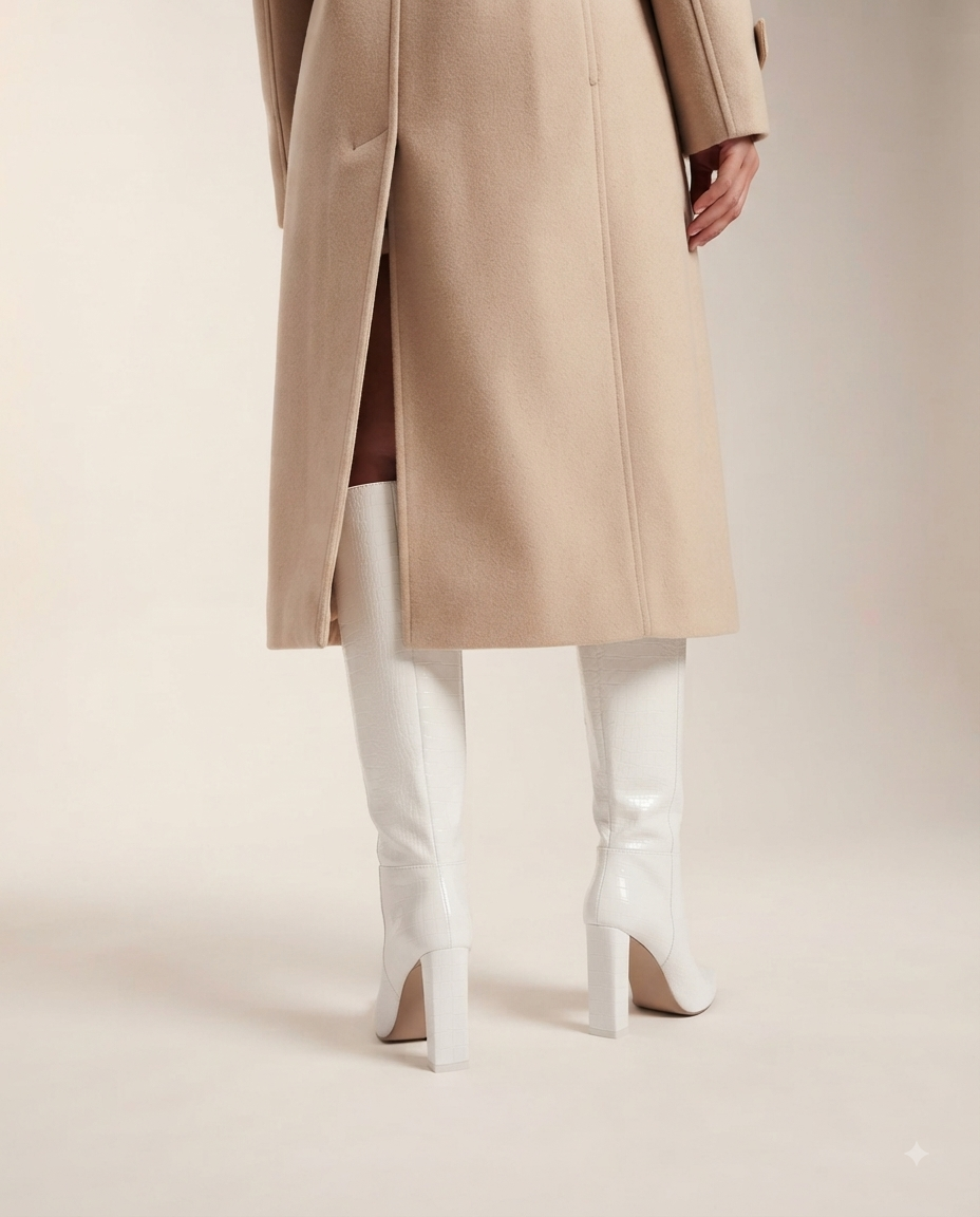 Neue modische kniehohe Stiefel mit klobigem Absatz und spitzer Zehenpartie