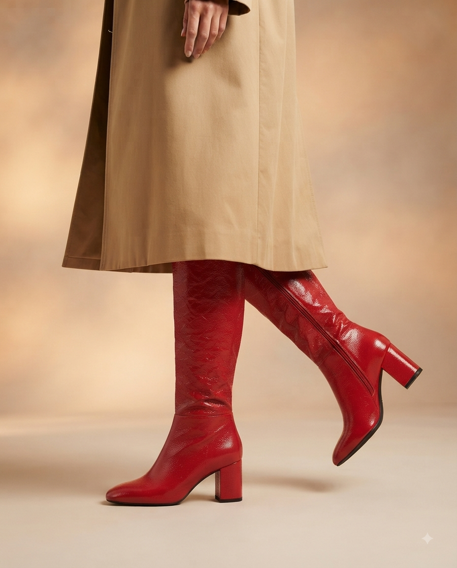 Damen Kniehohe Stiefel aus Leder mit Blockabsatz und Karree-Spitze