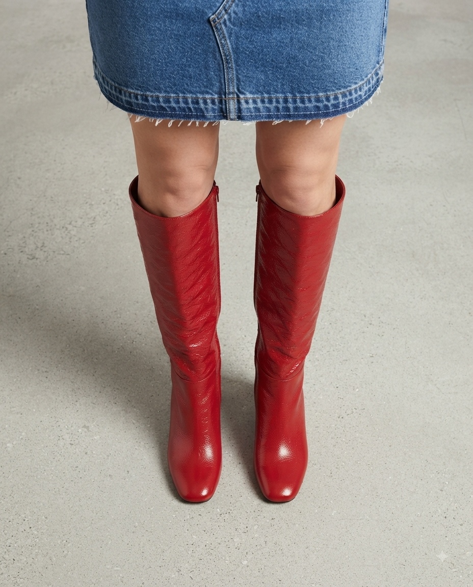 Damen Kniehohe Stiefel aus Leder mit Blockabsatz und Karree-Spitze