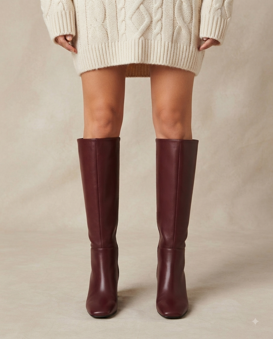 Damen Kniehohe Stiefel aus Leder mit Blockabsatz und Karree-Spitze