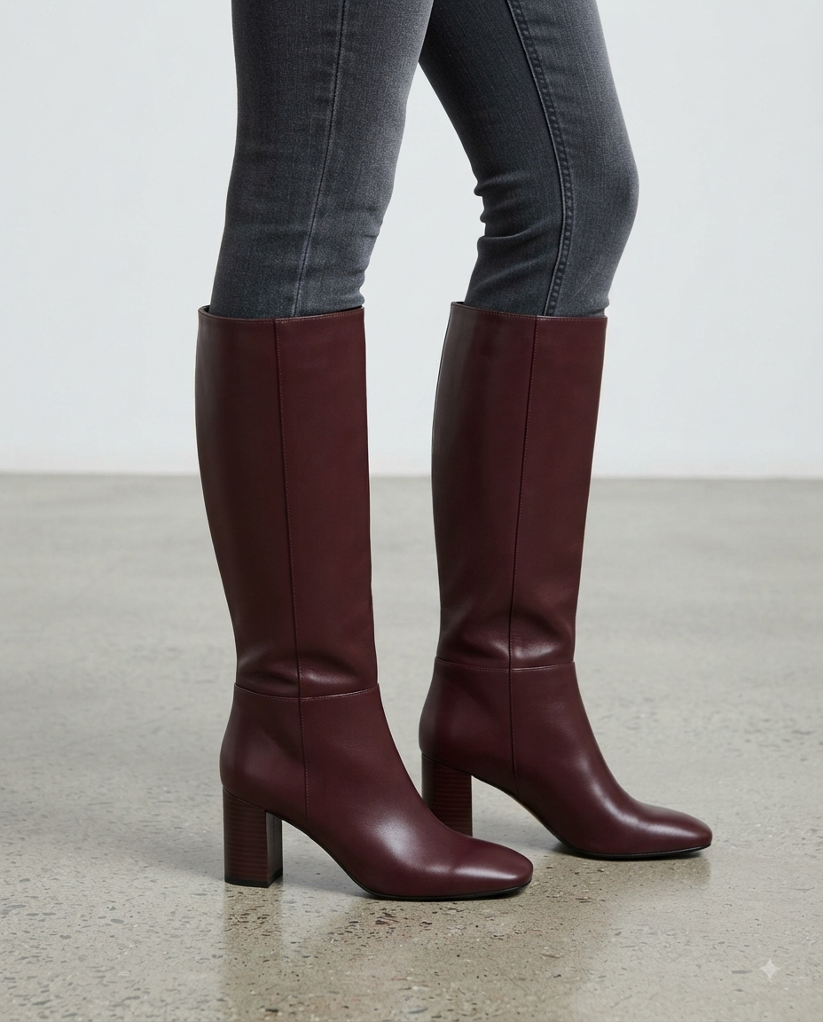 Damen Kniehohe Stiefel aus Leder mit Blockabsatz und Karree-Spitze