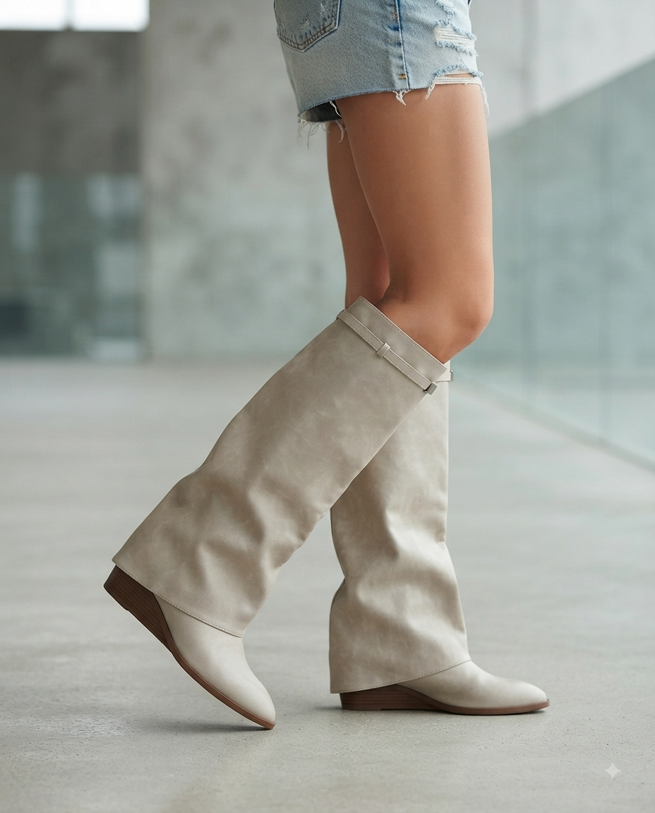 Stivali Alti Donna con Risvolto Beige e Tacco Zeppa Bassa