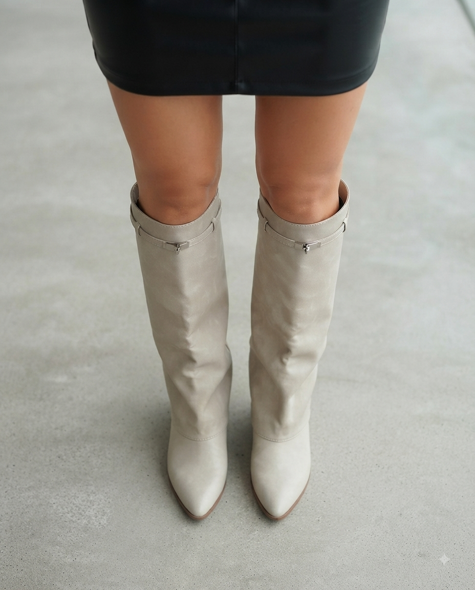 Stivali Alti Donna con Risvolto Beige e Tacco Zeppa Bassa