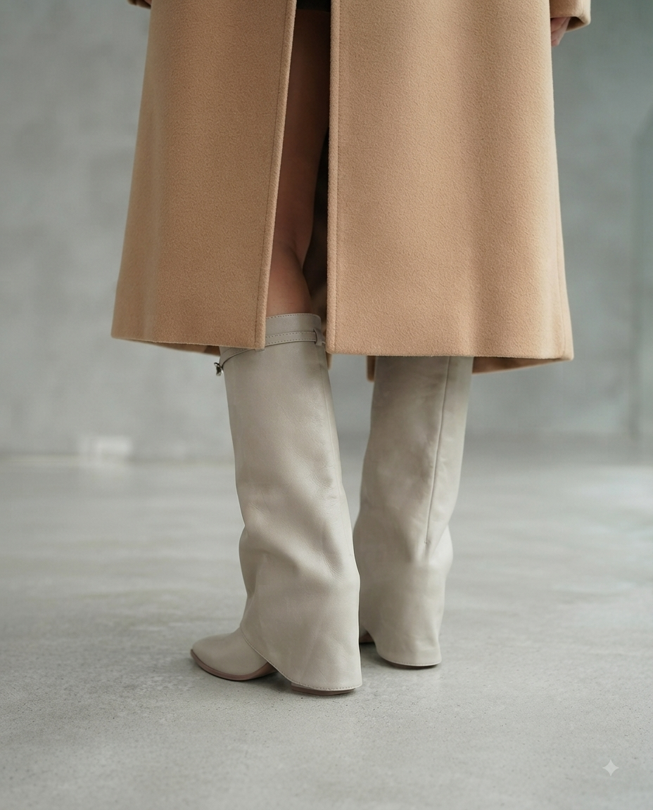 Stivali Alti Donna con Risvolto Beige e Tacco Zeppa Bassa