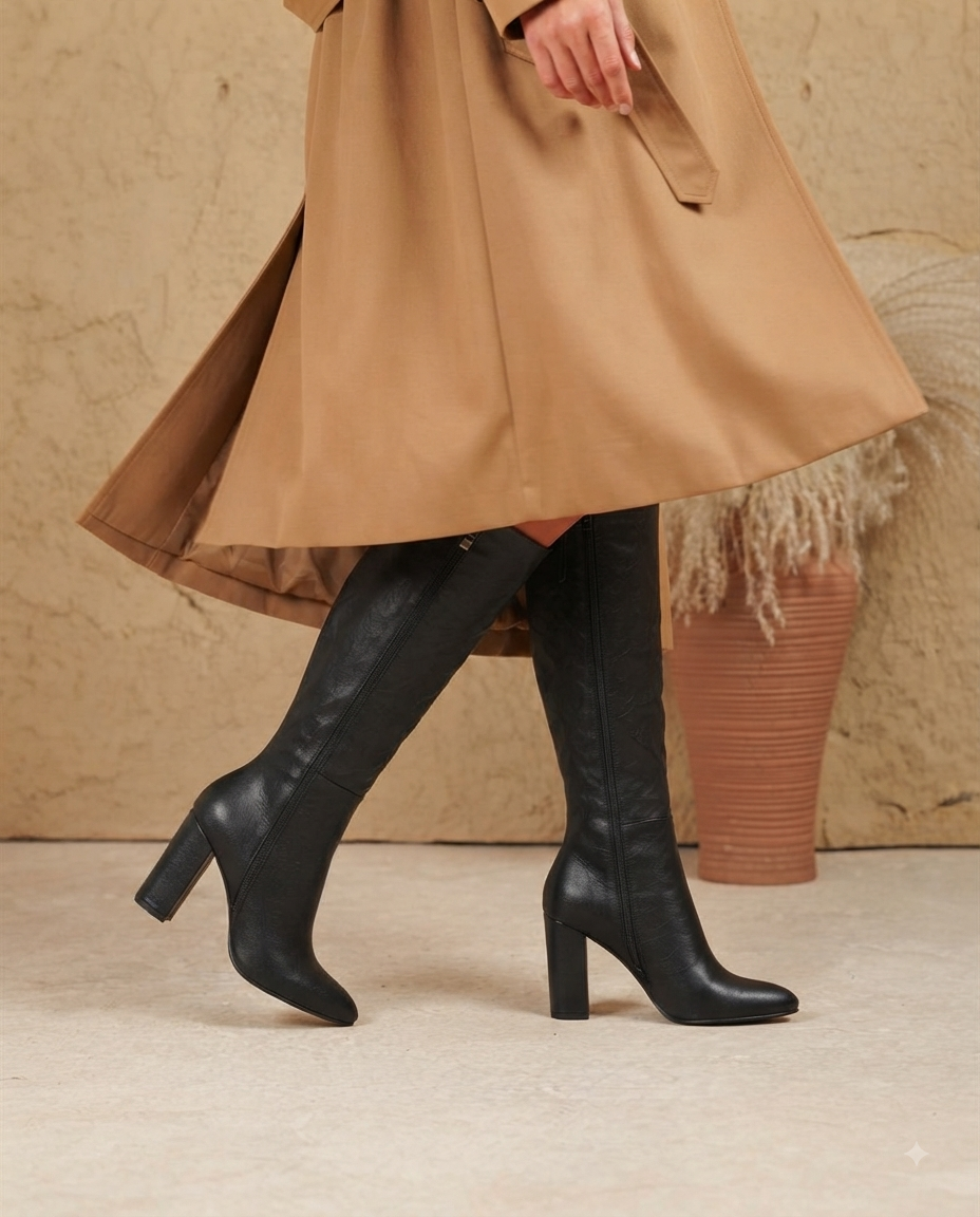 Bottes hautes en cuir souple avec talon large et fermeture éclair