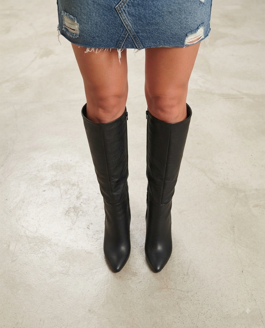 Bottes hautes en cuir souple avec talon large et fermeture éclair