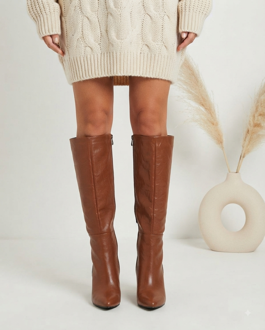 Bottes hautes en cuir souple avec talon large et fermeture éclair