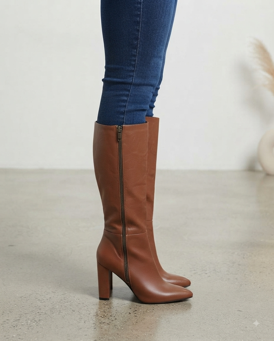Bottes hautes en cuir souple avec talon large et fermeture éclair