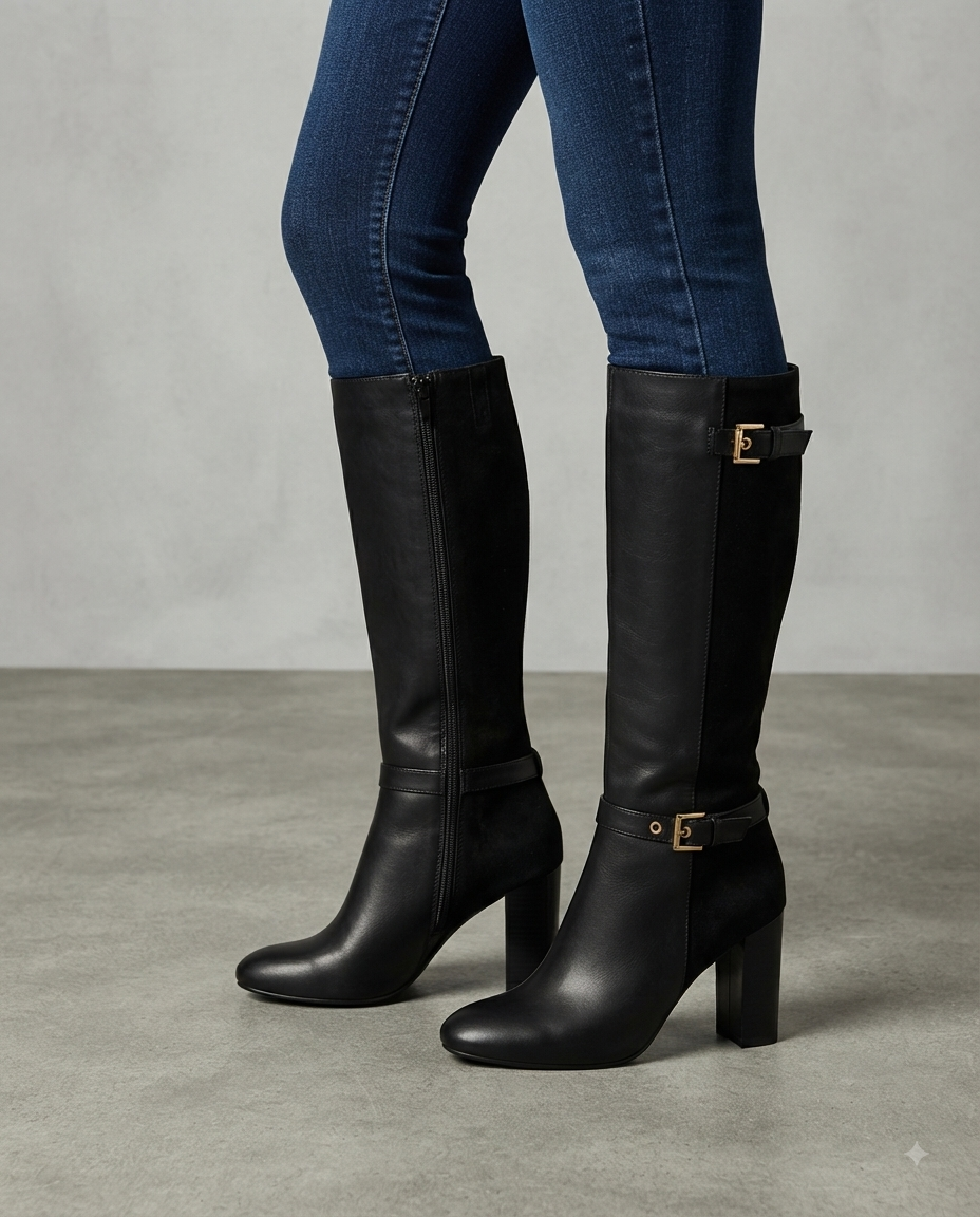 Kniehohe Stiefel mit Blockabsatz und Schnallenriemen