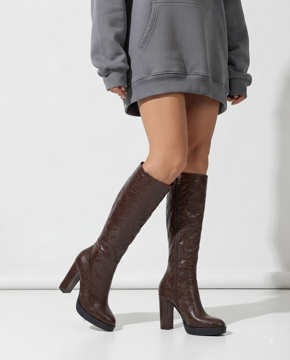 Bottes hautes marron avec talon carré et plateforme noire
