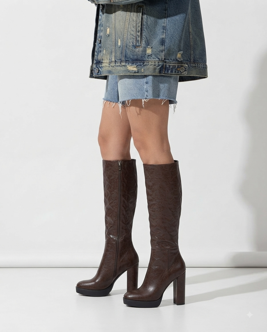 Bottes hautes marron avec talon carré et plateforme noire