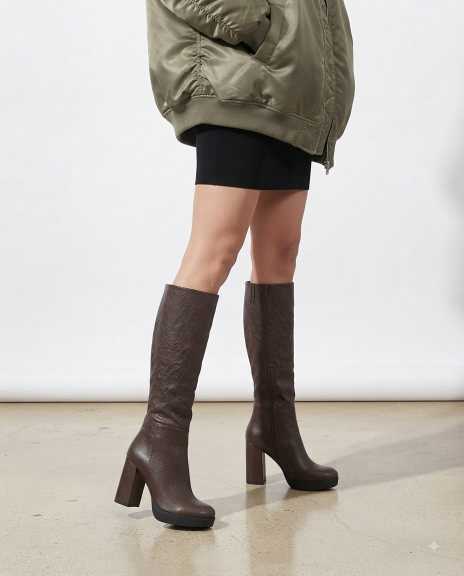 Bottes hautes marron avec talon carré et plateforme noire