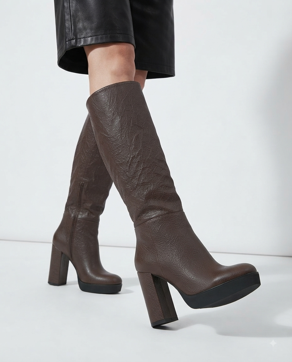 Bottes hautes marron avec talon carré et plateforme noire