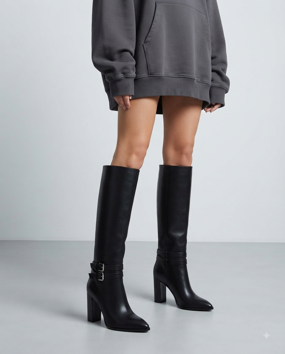 Kniehohe schwarze Stiefel mit Doppelschnalle und Blockabsatz