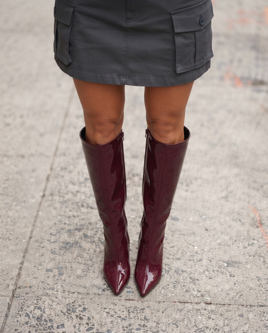 Bordeauxfarbene kniehohe Stiefel aus glänzendem Lackleder mit Blockabsatz