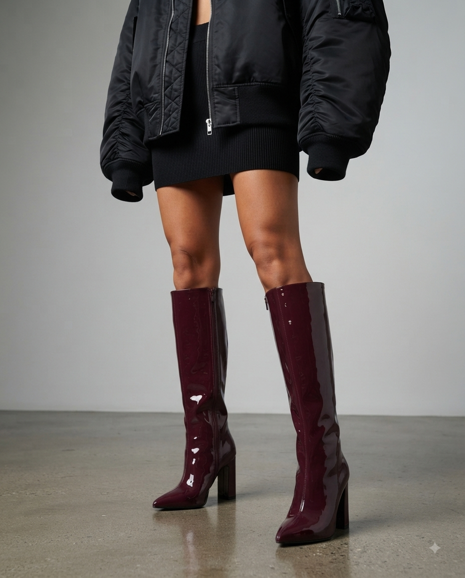 Bordeauxfarbene kniehohe Stiefel aus glänzendem Lackleder mit Blockabsatz