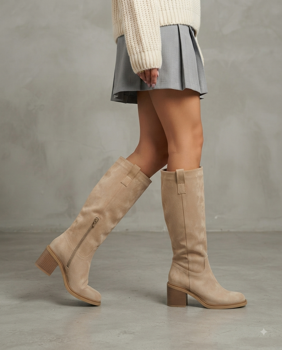 Damenhohe Wildlederstiefel bis zum Knie mit mittelhohem Blockabsatz