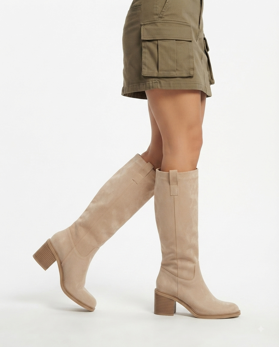 Damenhohe Wildlederstiefel bis zum Knie mit mittelhohem Blockabsatz