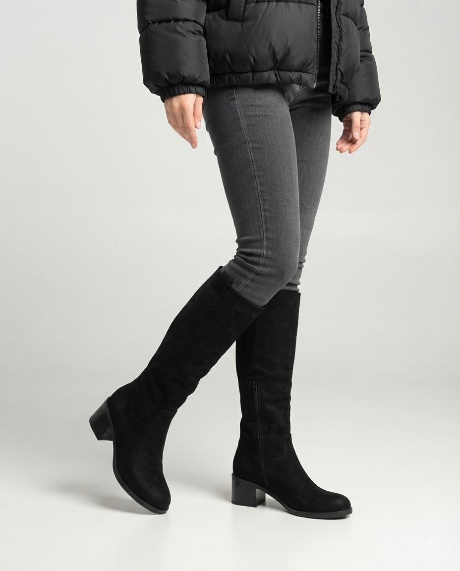 Damenhohe Wildlederstiefel bis zum Knie mit mittelhohem Blockabsatz