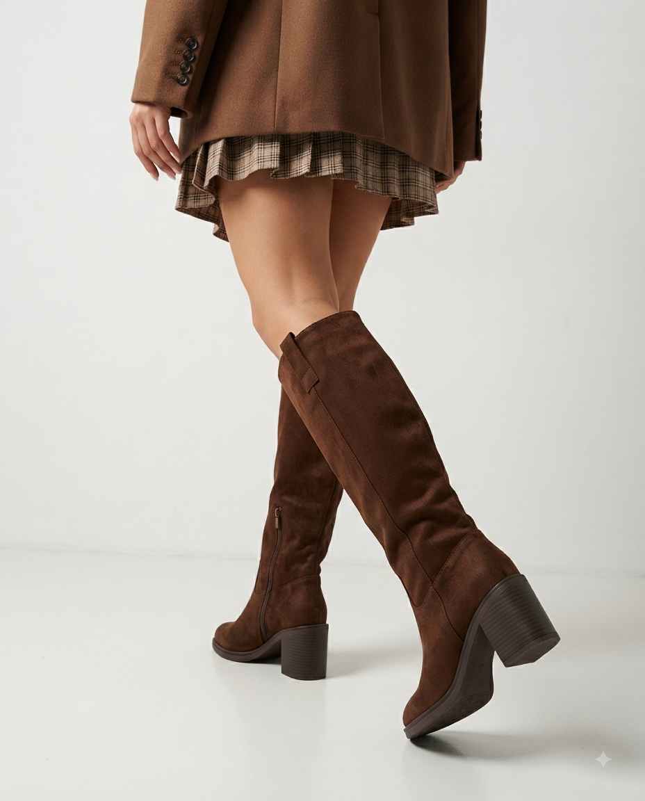 Damenhohe Wildlederstiefel bis zum Knie mit mittelhohem Blockabsatz