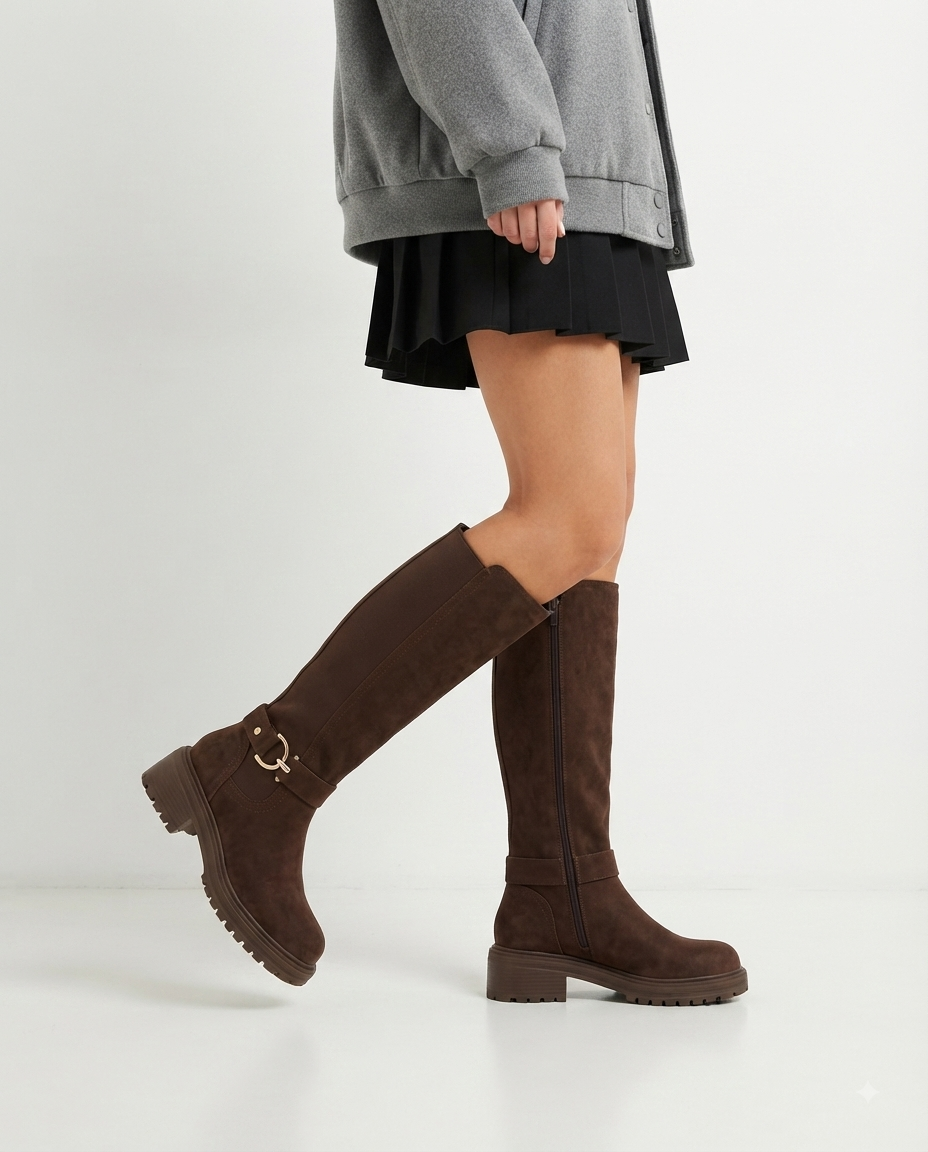 Damenstiefel aus braunem Wildleder mit Profilsohle und Schnalle