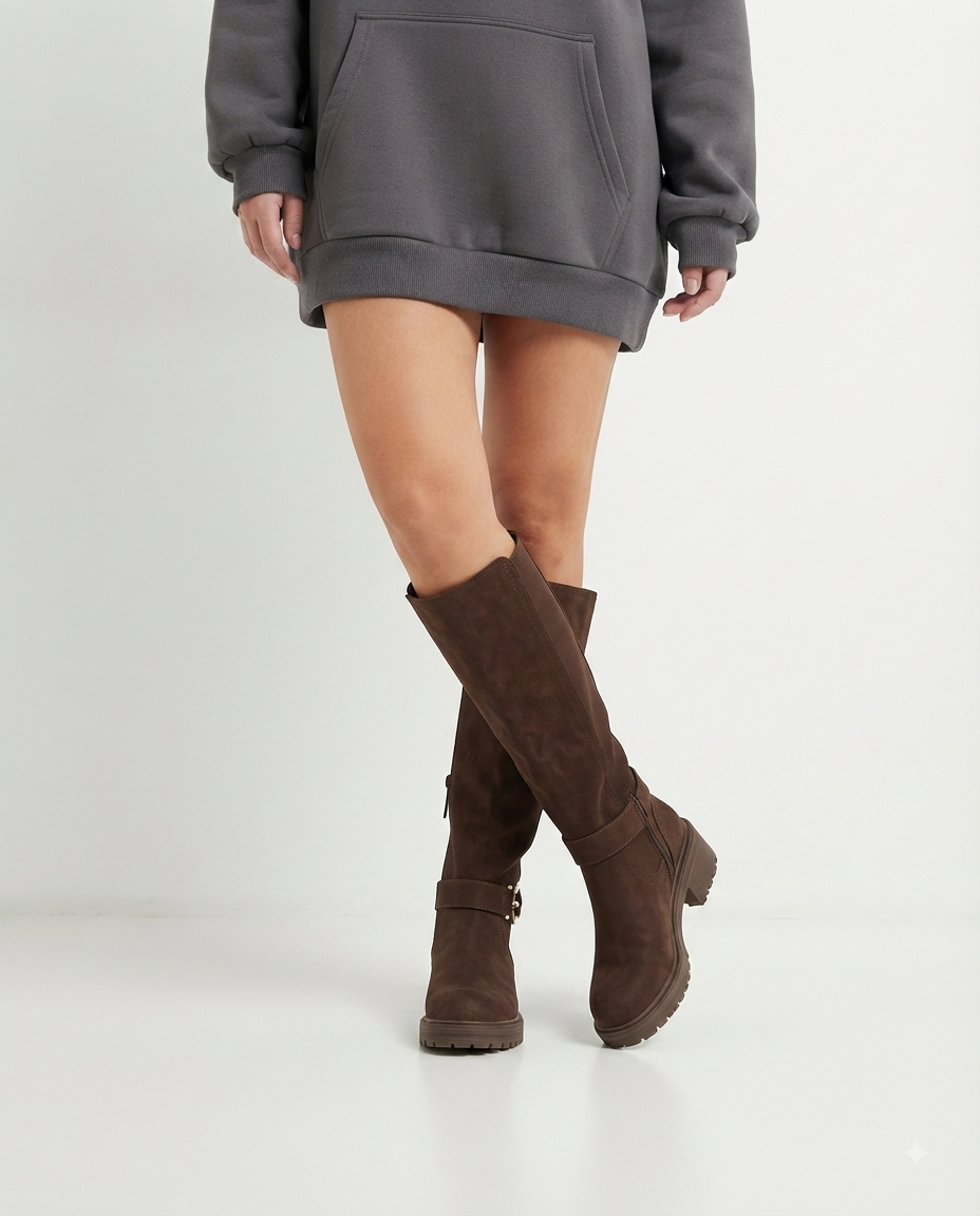 Damenstiefel aus braunem Wildleder mit Profilsohle und Schnalle