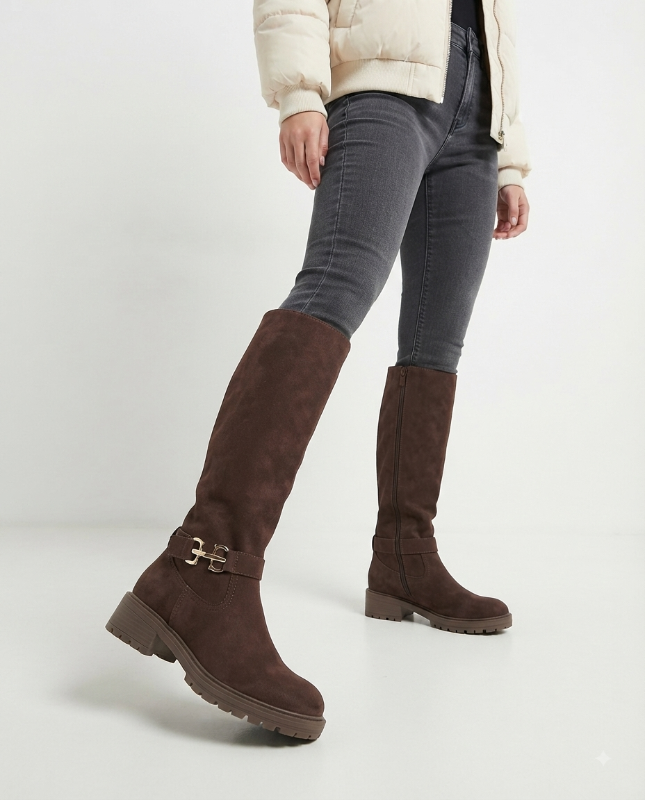 Damenstiefel aus braunem Wildleder mit Profilsohle und Schnalle