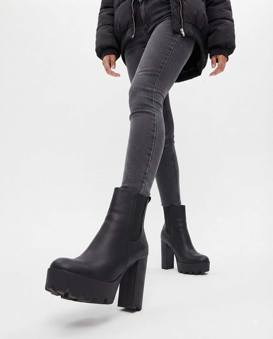 Damenstiefeletten Schwarz mit Blockabsatz und Profilsohle