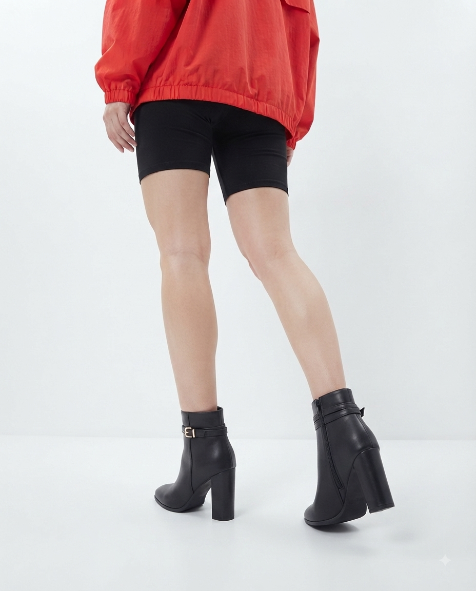 Damen-Stiefeletten Schwarz mit Blockabsatz und goldenem Riemen
