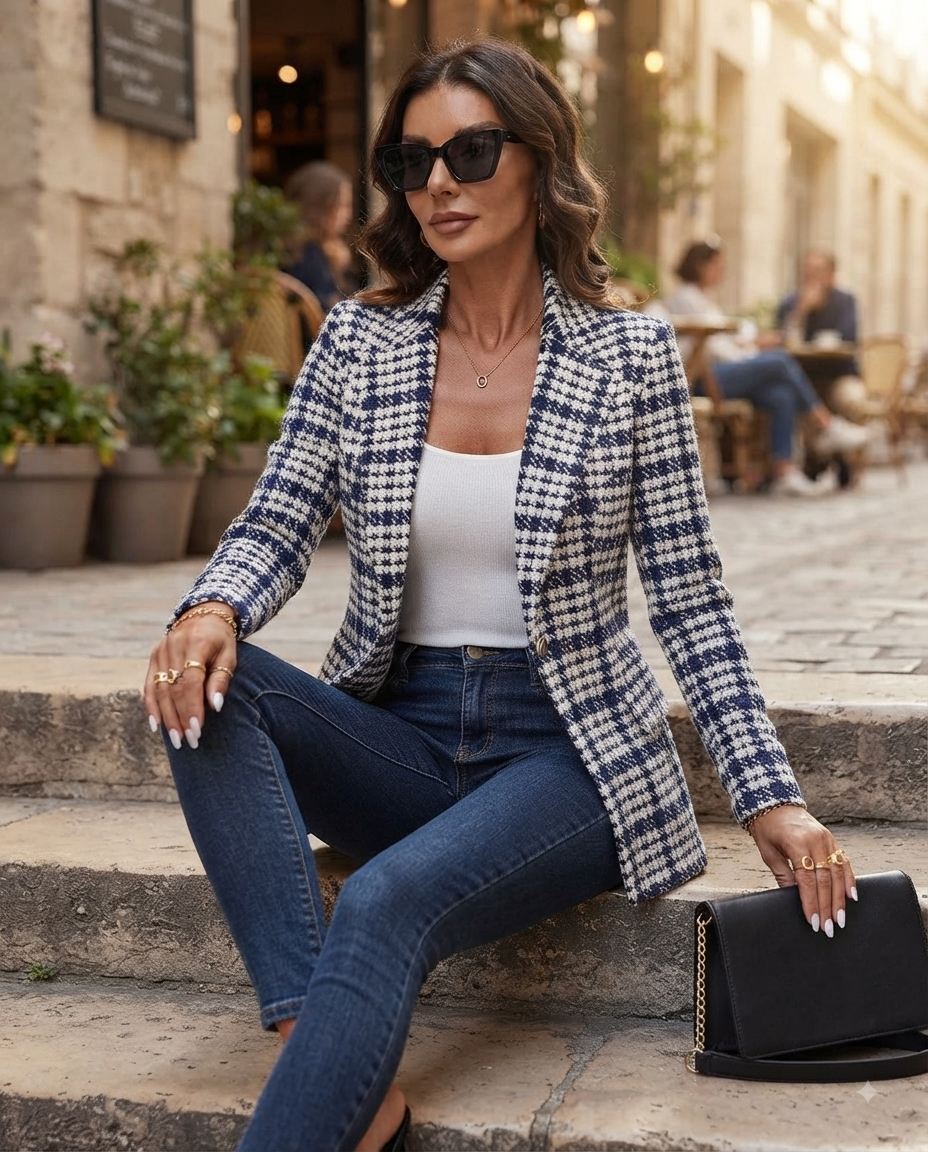 Eleganter Damenblazer im Karomuster 2026 – Schicke Herbst-Winter-Jacke
