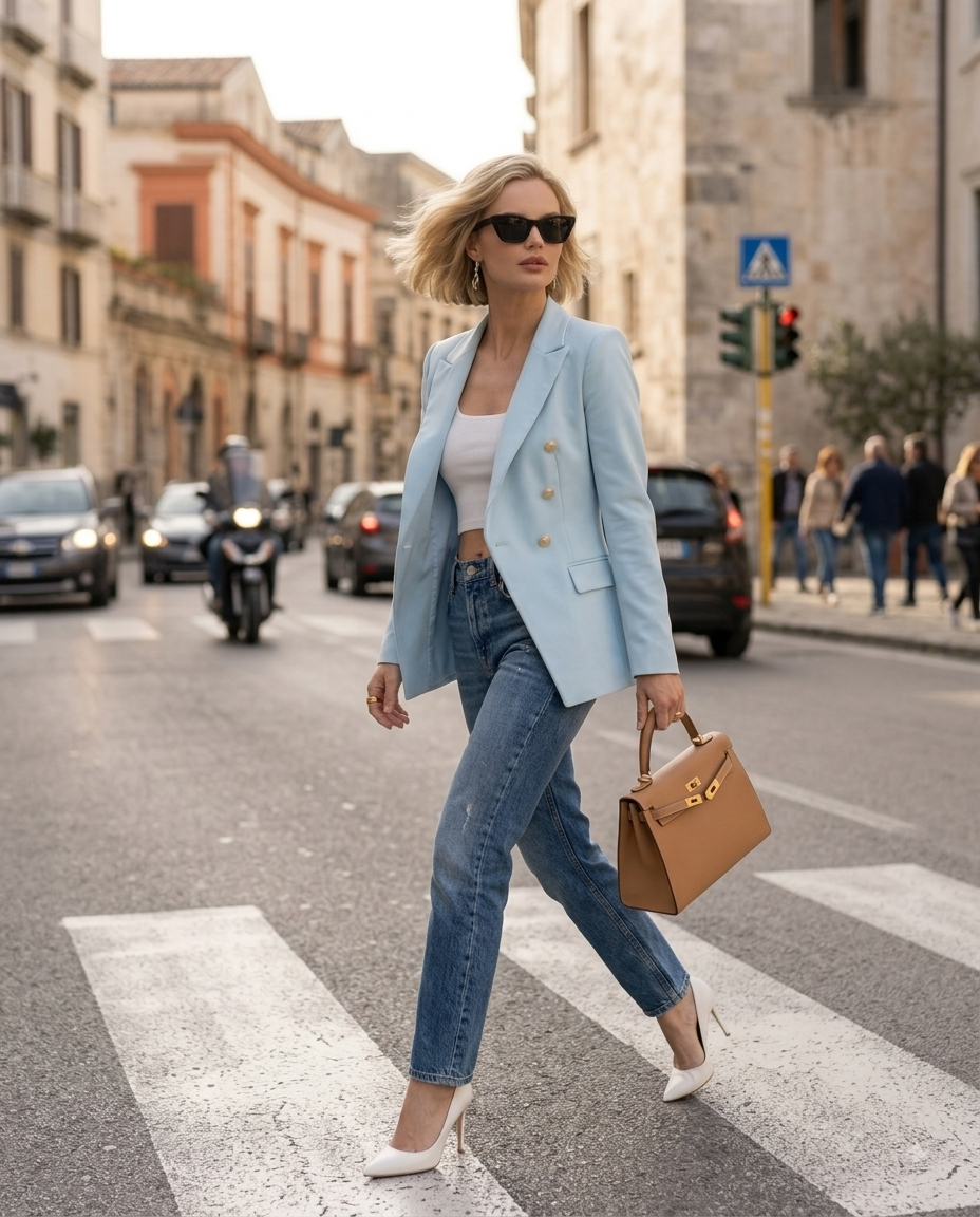 💙 Blazer Femme Bleu Ciel Double Boutonnage Boutons Dorés – Veste Élégante Tailleur