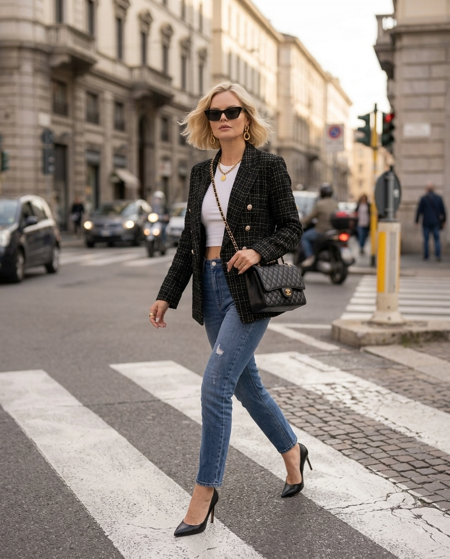 Tweed-Zweireiher mit Goldknöpfen – elegante Jacke im Chanel-Stil