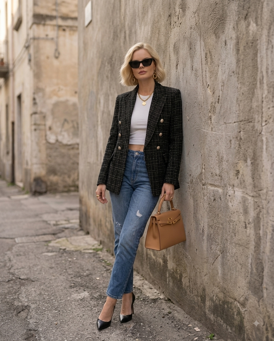 Tweed-Zweireiher mit Goldknöpfen – elegante Jacke im Chanel-Stil