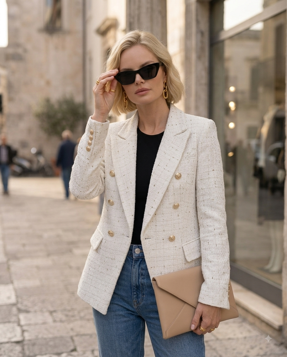 Tweed-Zweireiher mit Goldknöpfen – elegante Jacke im Chanel-Stil