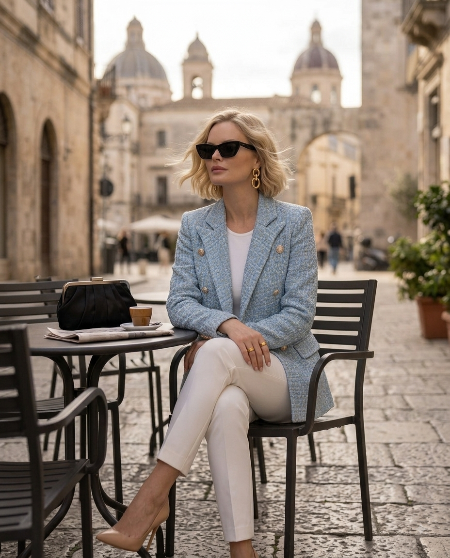 Tweed-Zweireiher mit Goldknöpfen – elegante Jacke im Chanel-Stil