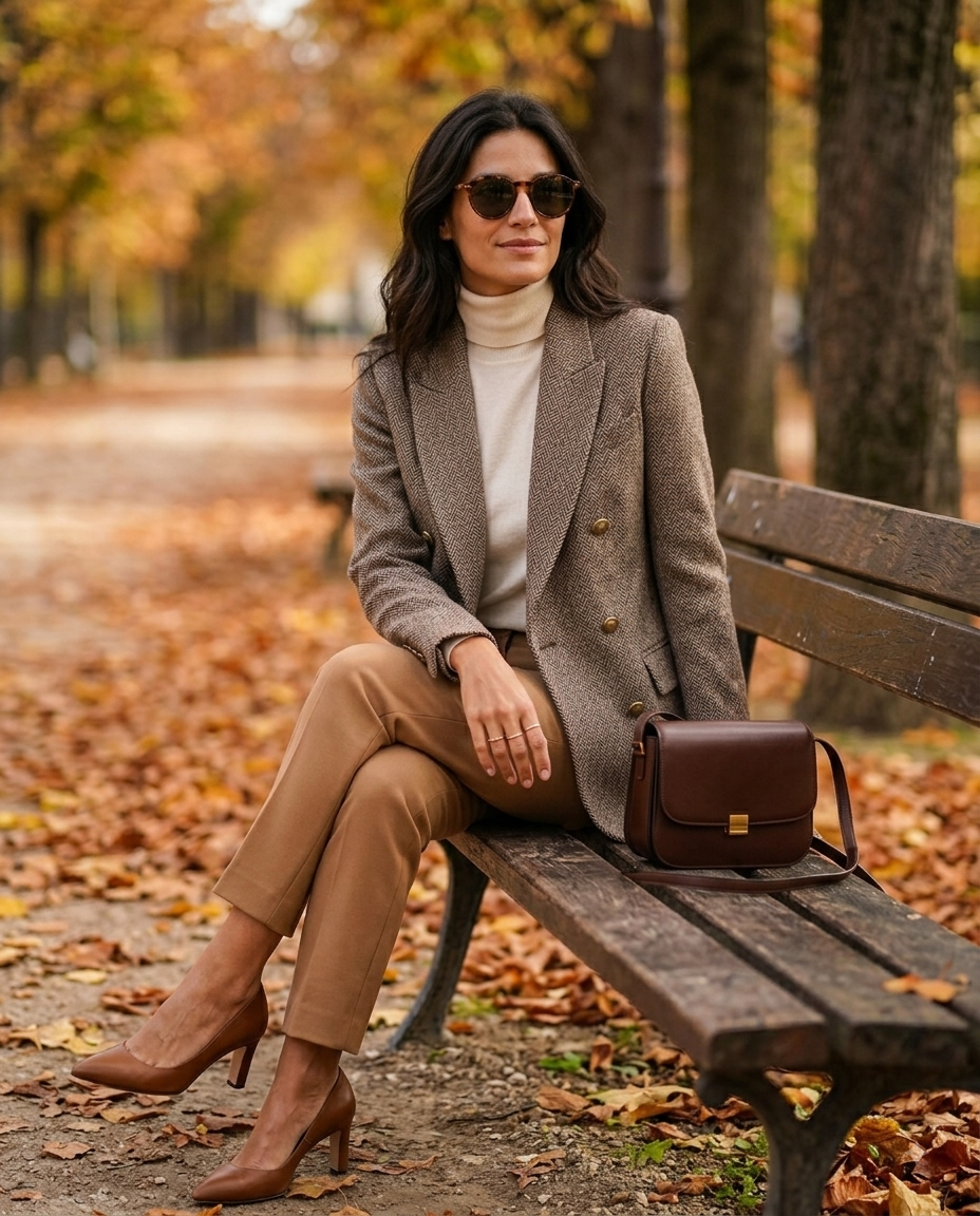 Zweireihiger Fischgrät-Tweed-Blazer – Elegante Herbstjacke mit Goldknöpfen