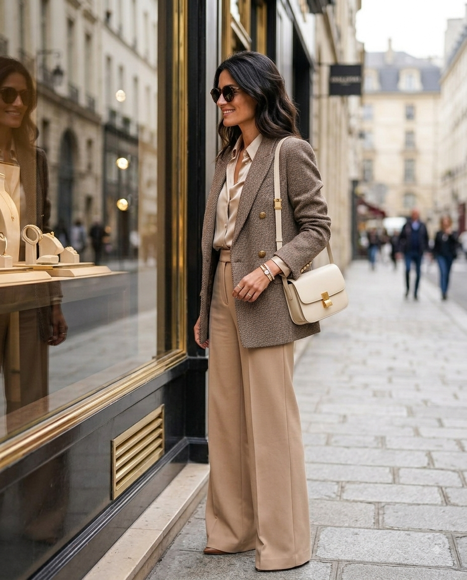 Zweireihiger Fischgrät-Tweed-Blazer – Elegante Herbstjacke mit Goldknöpfen