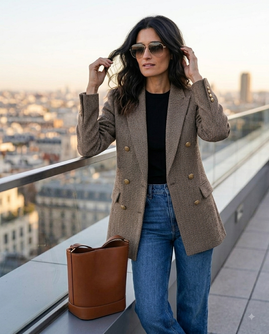 Zweireihiger Fischgrät-Tweed-Blazer – Elegante Herbstjacke mit Goldknöpfen