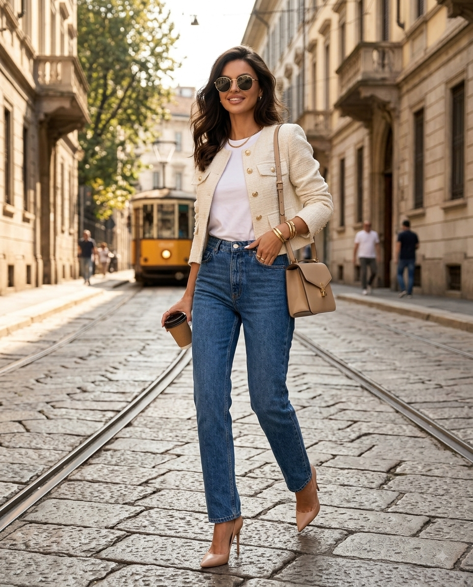 Kurze Bouclé-Tweed-Jacke – Eleganter Blazer mit Rundhalsausschnitt im Chanel-Stil