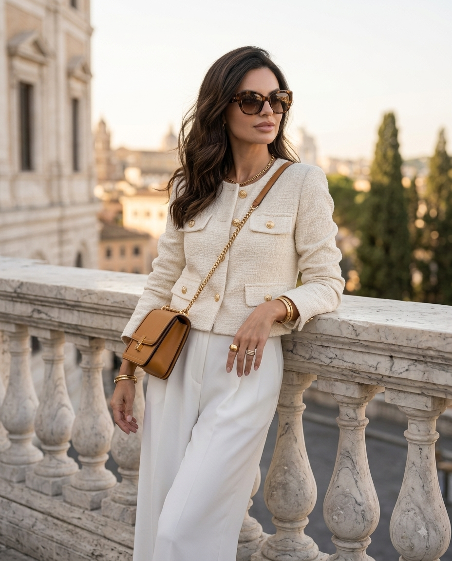 Kurze Bouclé-Tweed-Jacke – Eleganter Blazer mit Rundhalsausschnitt im Chanel-Stil