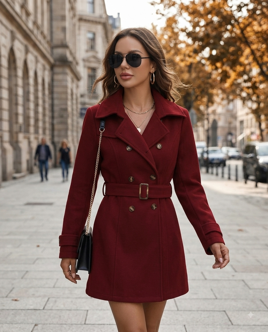 Manteau court croisé avec ceinture – Veste tailleur élégante Automne Hiver