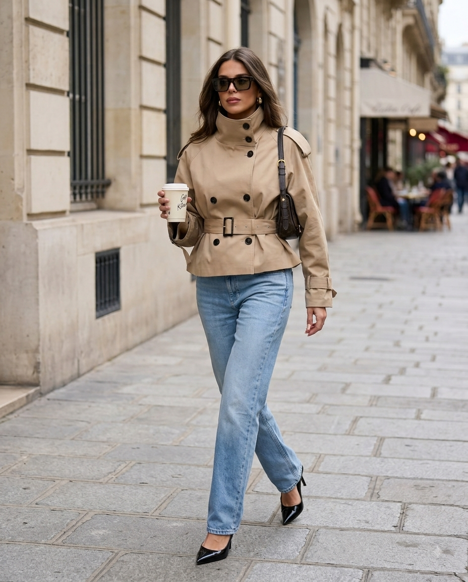 Kurzer Trenchcoat mit Stehkragen und Gürtel – Wasserdichte Herbstjacke im Casual-Chic-Stil