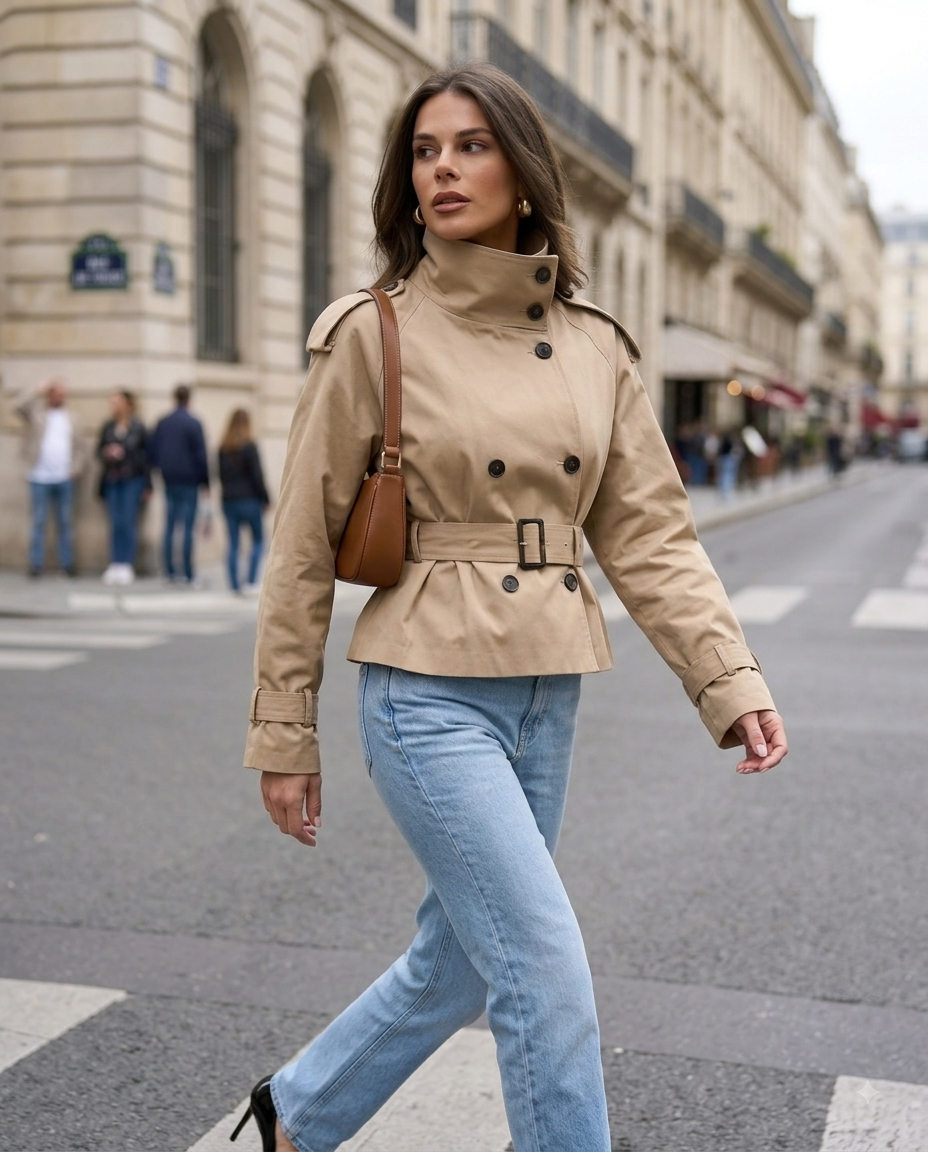 Kurzer Trenchcoat mit Stehkragen und Gürtel – Wasserdichte Herbstjacke im Casual-Chic-Stil