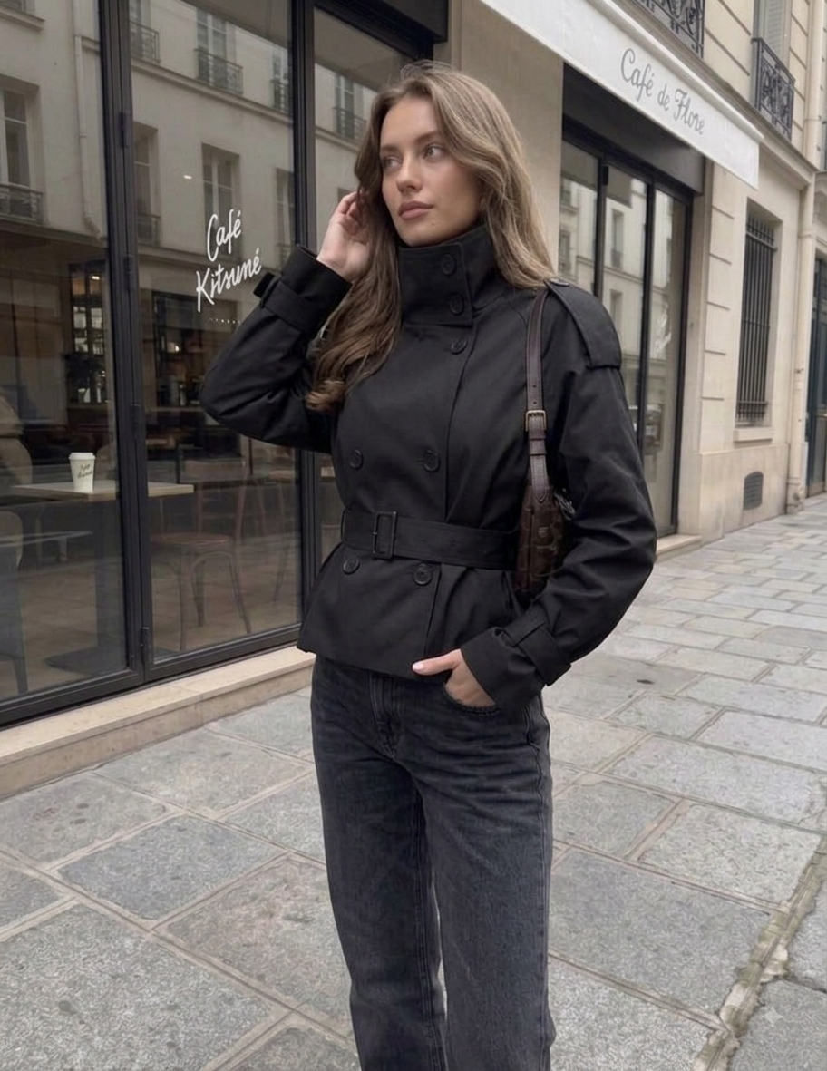 Kurzer Trenchcoat mit Stehkragen und Gürtel – Wasserdichte Herbstjacke im Casual-Chic-Stil