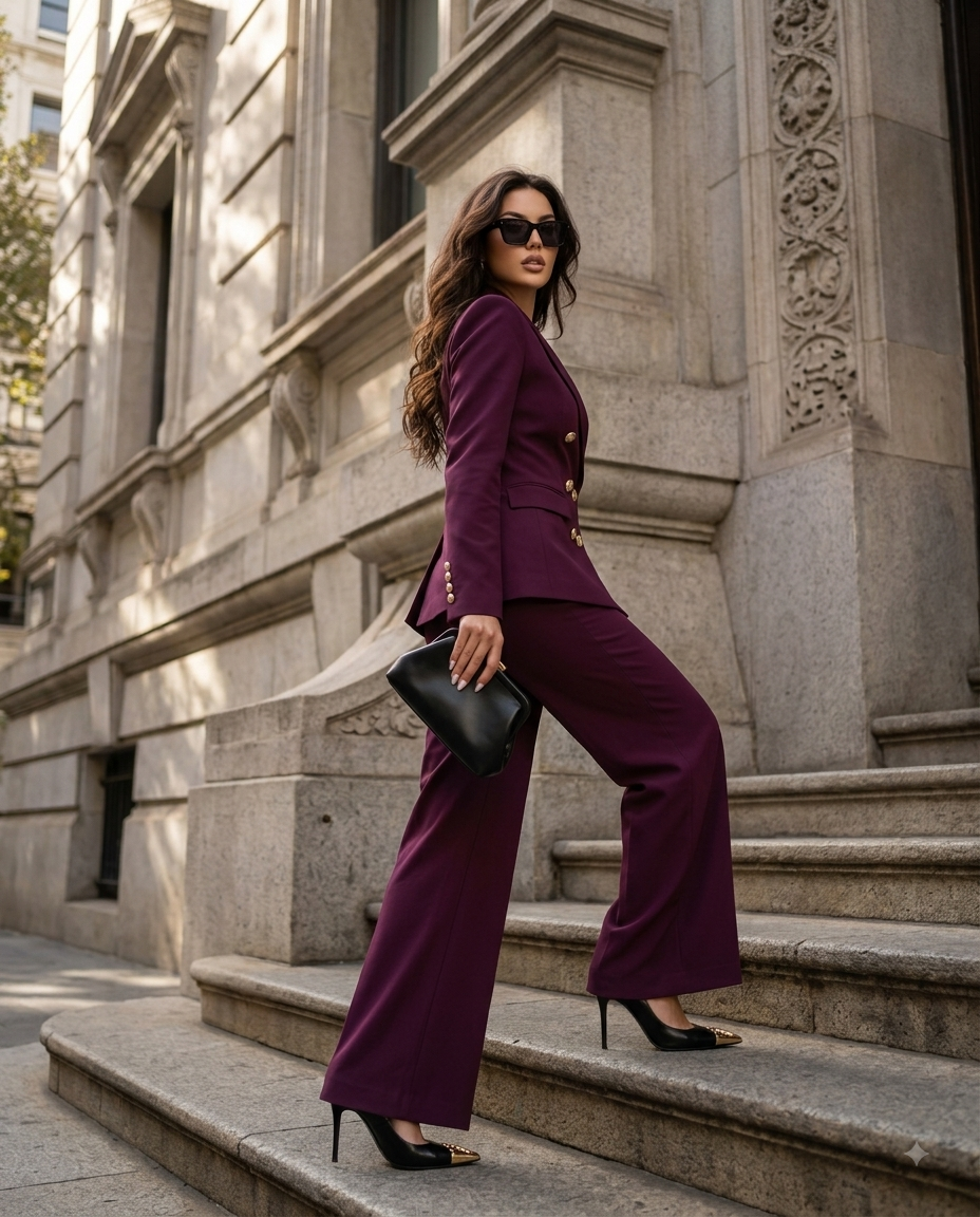 Eleganter Hosenanzug mit Zweireiher – taillierte Jacke und Palazzohose