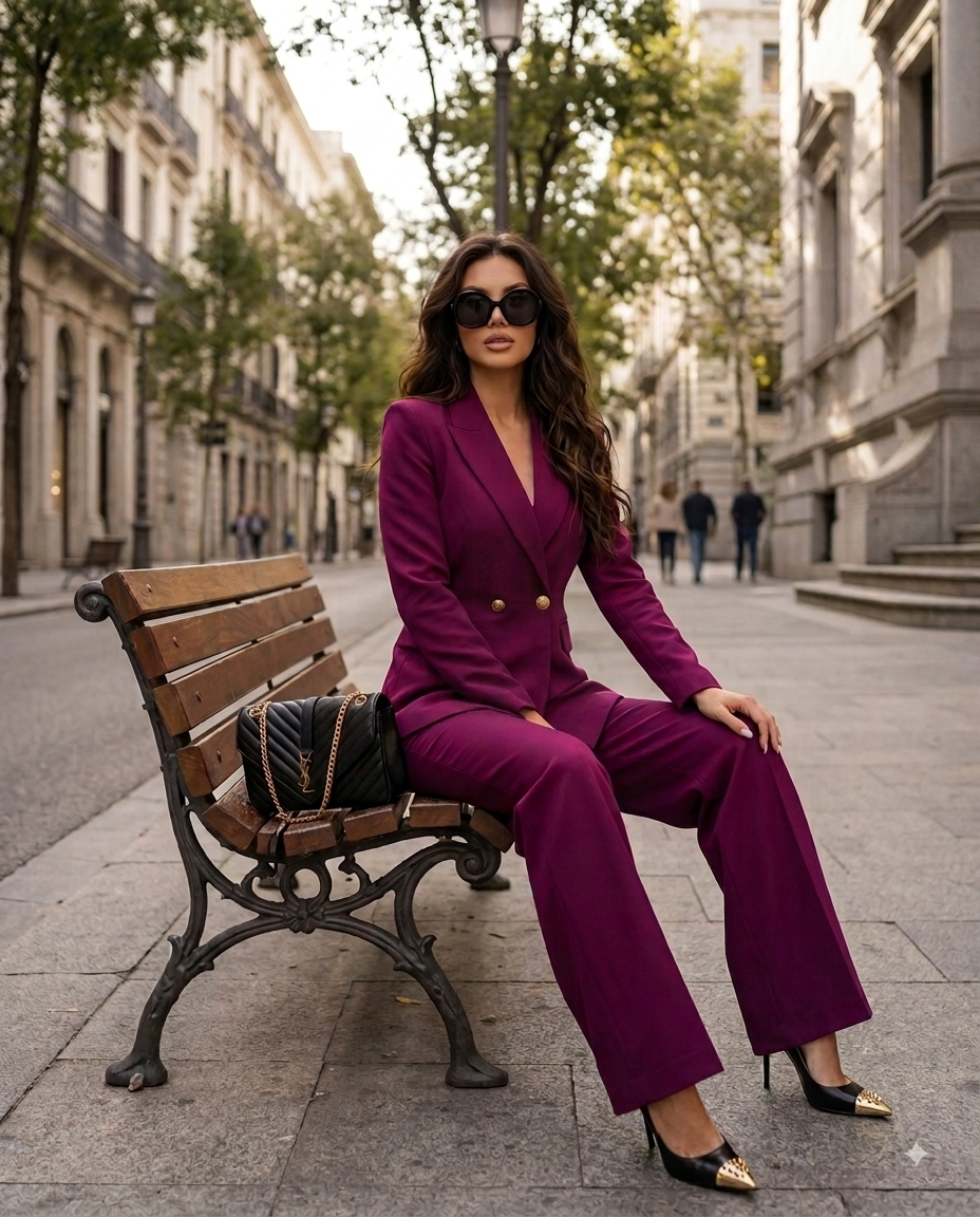 Eleganter Hosenanzug mit Zweireiher – taillierte Jacke und Palazzohose