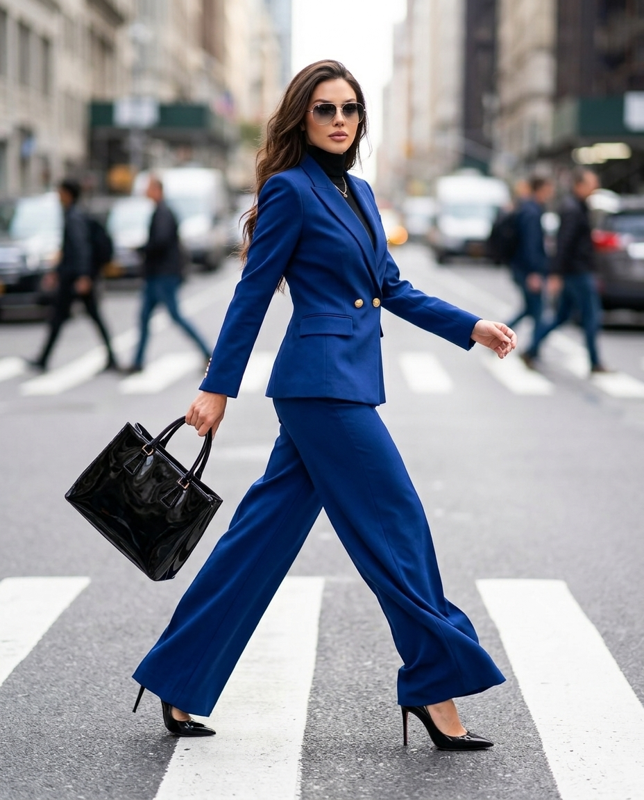 Eleganter Hosenanzug mit Zweireiher – taillierte Jacke und Palazzohose