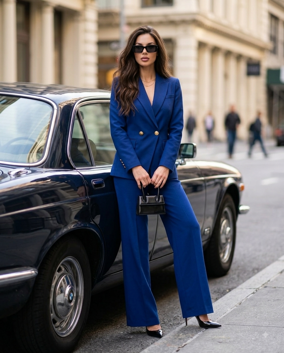 Eleganter Hosenanzug mit Zweireiher – taillierte Jacke und Palazzohose